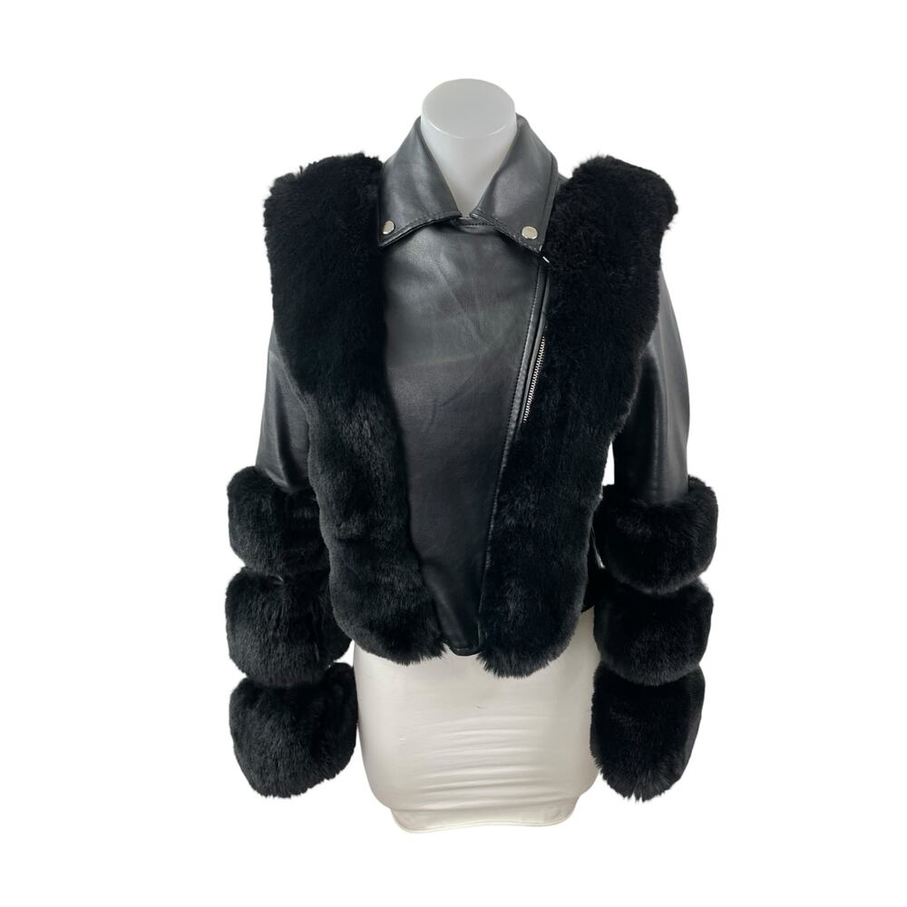 Women's Black Faux Fur Trim Faux Vegan Leather Crop Moto Biker Coat Jacket Sz S